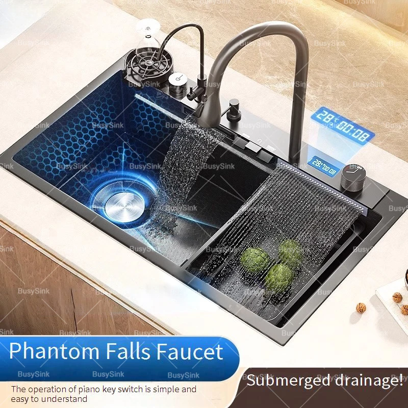 Stainless Steel Waterfall Kitchen Sink Embossed Wash Basin Large Single Slot Multifunctional Dishwashing Sink Left Side Drainage