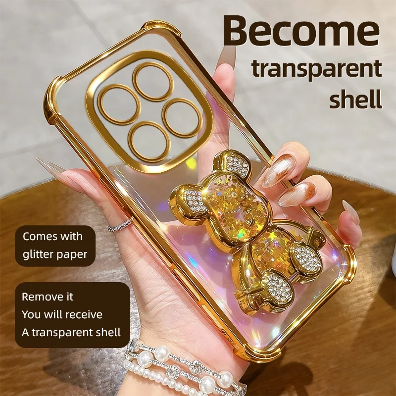 Luxury Glitter Bear Holder Case with Shockproof Bracket Stand and Plating Finish