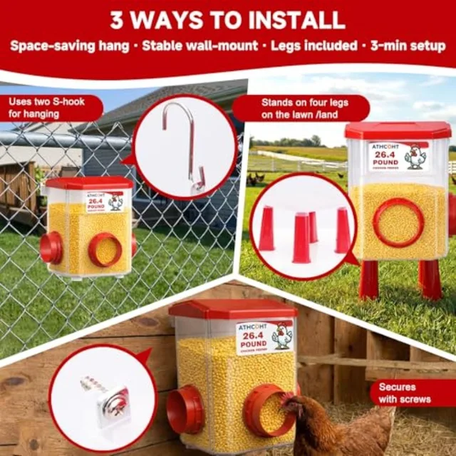 Large Chicken Feeder and Waterer Set 3.1 Gallon/26.4 Pounds, Automatic Chicken Waterer with 4 Cups and 3 Feeder Ports No Waste