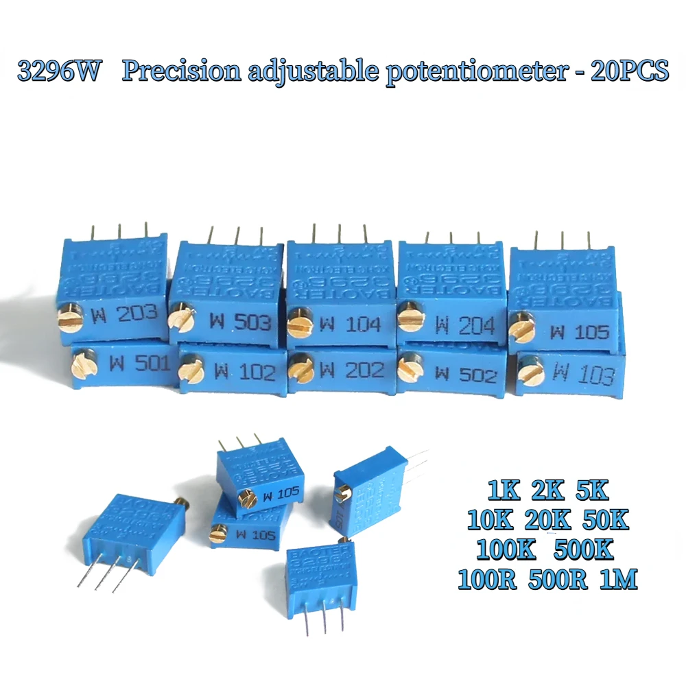 Adjustable Resistor Multiturn Potentiometer Linear Potentiometer Rotary Potentiometer Potentiometer Kit Trimmer Potentiometer 20PCS 3296W Trimpot Trimmer Potentiometer 100R 500R 1K 2K 5K 10K 20K 50K 100K 500K 1M Precision Adjustable Resistance Multi-turn