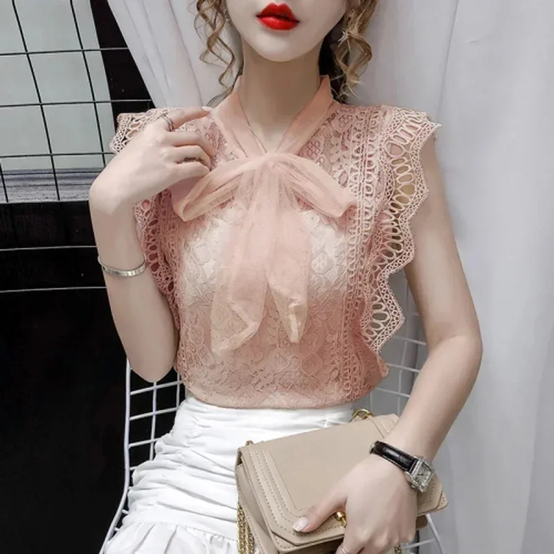 Women's Solid Hollow Out Shirt Korean Fashion Clothing Vintage Sleeveless Tops Lace Blouses With Bow 9811