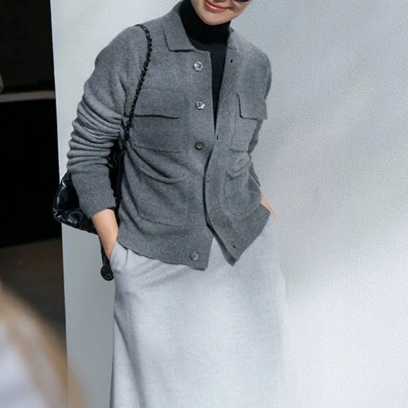 여성용 올인원 라펠 짧은 캐시미어 니트 가디건, 가을 겨울 오버코트, 두꺼운 포켓 기질 울 재킷, 패션