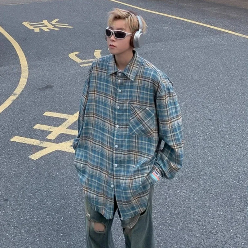 Blue Plaid Long-sleeved Shirt Men's Spring and Fall New Korean Fashion Casual Hairy Edge Design Shirt Streetwear Men's Clothing