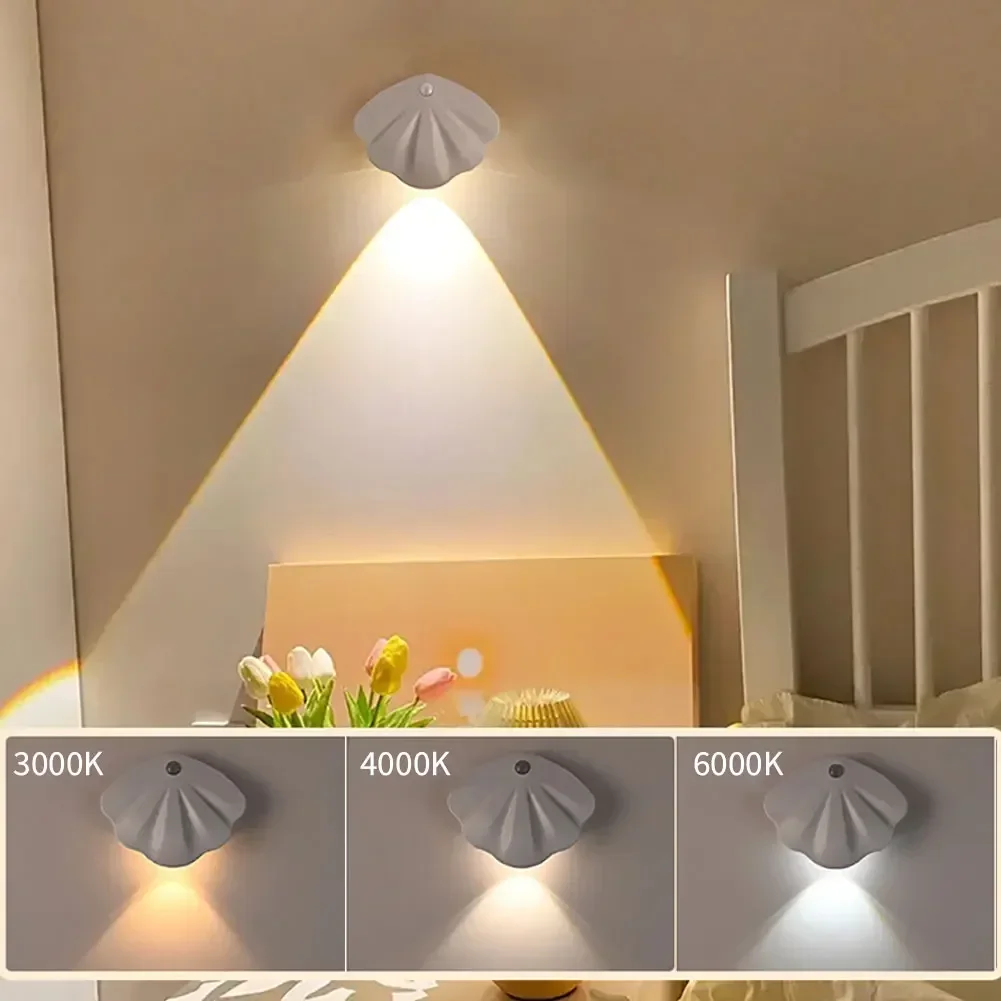 LED 쉘 야간 조명 모션 센서 조명, USB C 타입, 3 색 방 장식 램프, 복도 계단 LED 램프 센서 조명