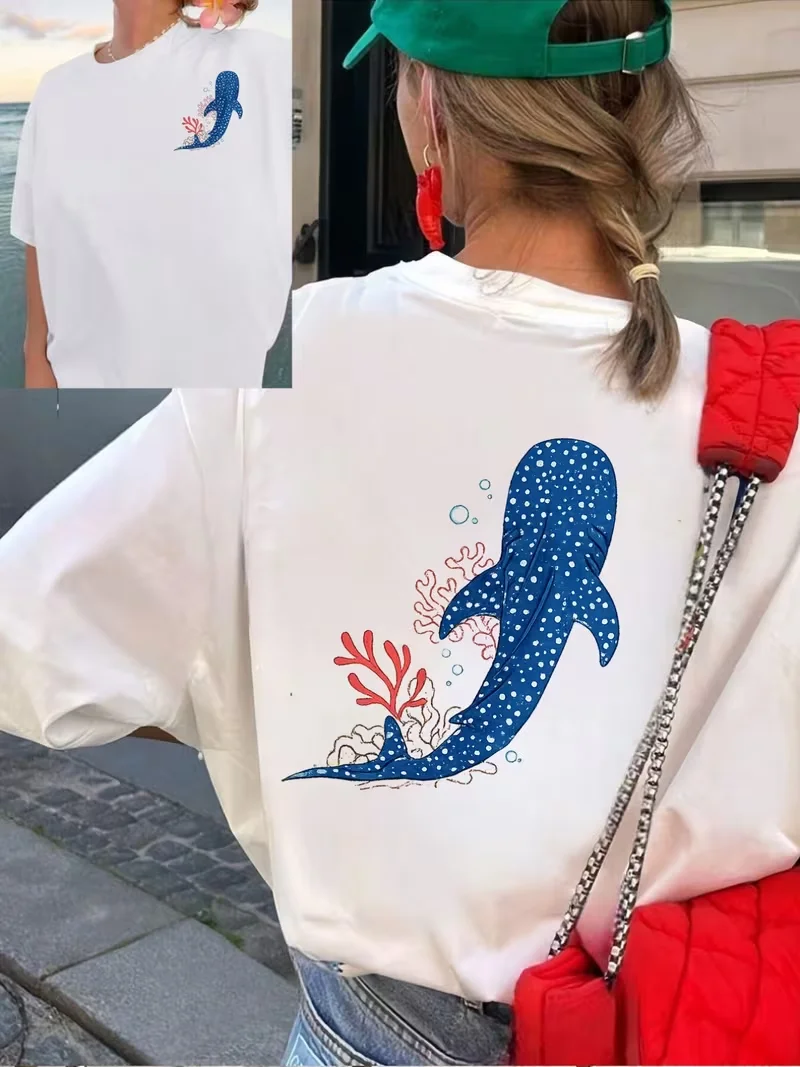 T-Shirt mit Walhai-Korallen-Grafik, Ozean-Meereslebewesen-Print, Rundhalsausschnitt, kurzärmeliges Oberteil, Sommerliches Alltags-Mode-T-Shirt für Pendler und Reisen