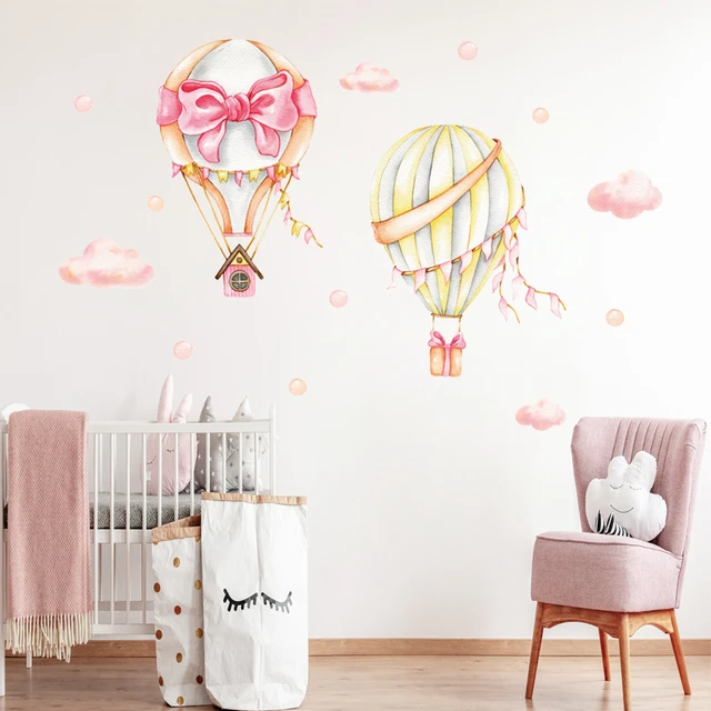 Stickers muraux nuages et montgolfière pour chambre d'enfant, rose, dessin  animé, bébé, fille, décoration murale, parfait