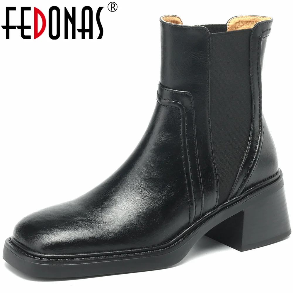 

FEDONAS Vintage Short Boots For Women Genuine Leather Thick High Heels Autumn Winter Shoes Woman Square Toe Basic Office Lady