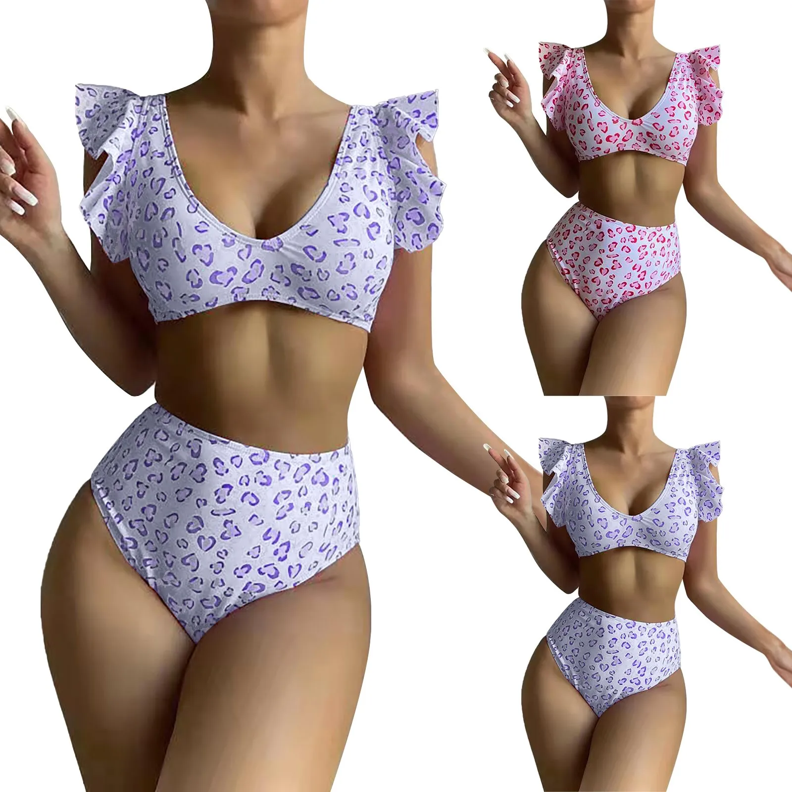 

Women Ruffle High Waist Swimsuit Two Pieces Push Up Tropical Print Bikini