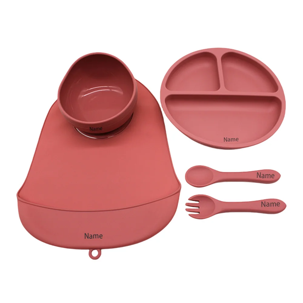 5-Piece Children's Tableware Set with Free Name Printing Personalized Silicone Tableware—Unique Gifts for Boys and Girls.