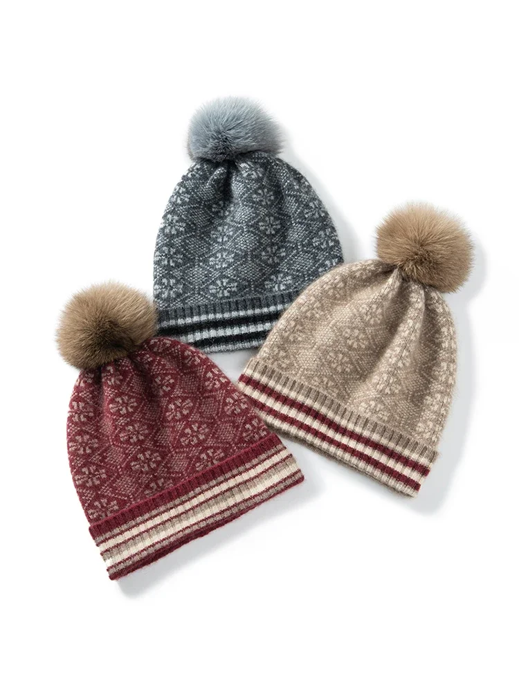Cashmere Vintage Jacquard Knit Thick Beanies Rabbit Pom-pom Bobble Hat Soft Cap Hat Autumn Winter Warm Wool Christmas Present 6