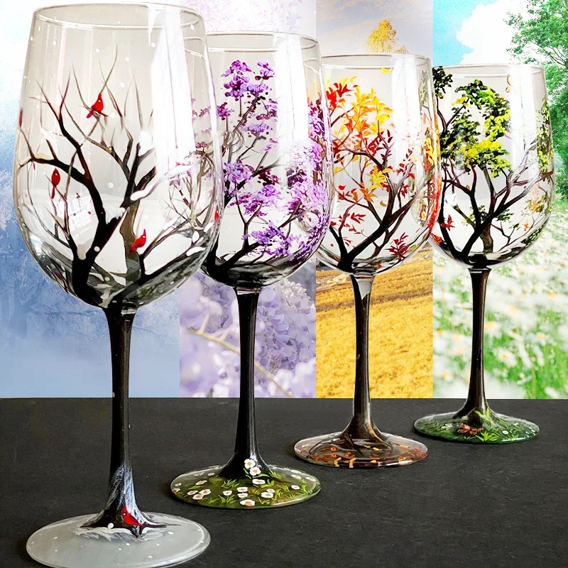 Glass Four Seasons Tree Wine Glass Creative Printed Goblet Large Capacity Drinkware Beer Family Party Bar Party Drinkware glass cup