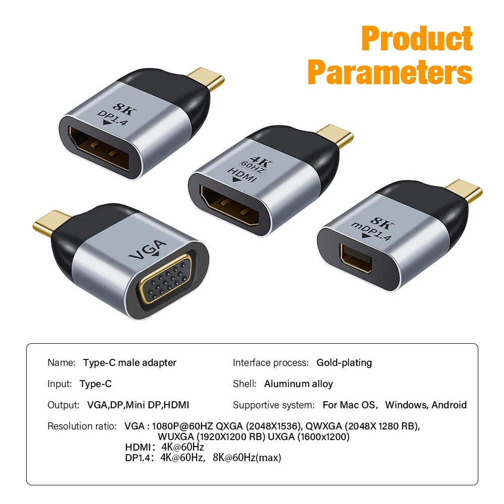 Universal USB-C to 8K/4K Multi-Display Converter: HDMI, VGA, DP & Mini DisplayPort Adapter