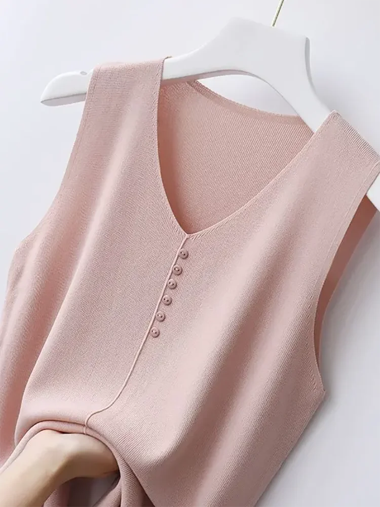 Chalecos de Punto para Mujer, Blusas sin Mangas con Cuello en V, Color Sólido, Moda Verano 2026, Nueva Moda Femenina, Tops Casuales Finos sin Mangas