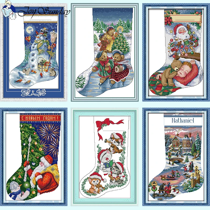 Joy Sunday Christmas Stocking Series Cross Stitch Kit DIY Cartoon Pattern 14ct 11ct 16ct Canvas Fabric Embroidery Set Home Decor