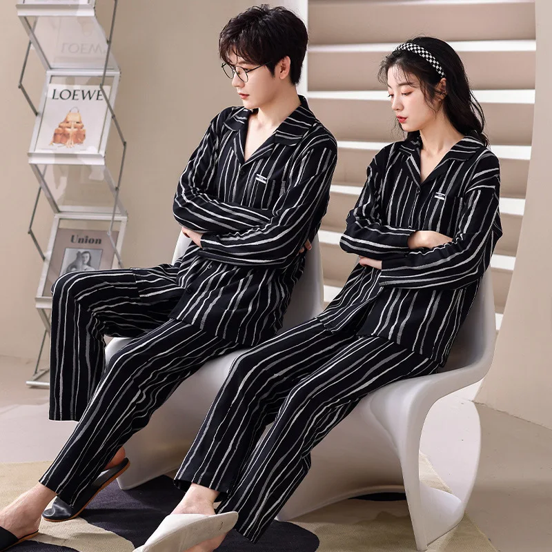 High Quality 95% Cotton Homewear for Couples Autumn Men's Cardigan Pajamas Set Women Nightwear Fashion Pijamas Pyjamas Hombre
