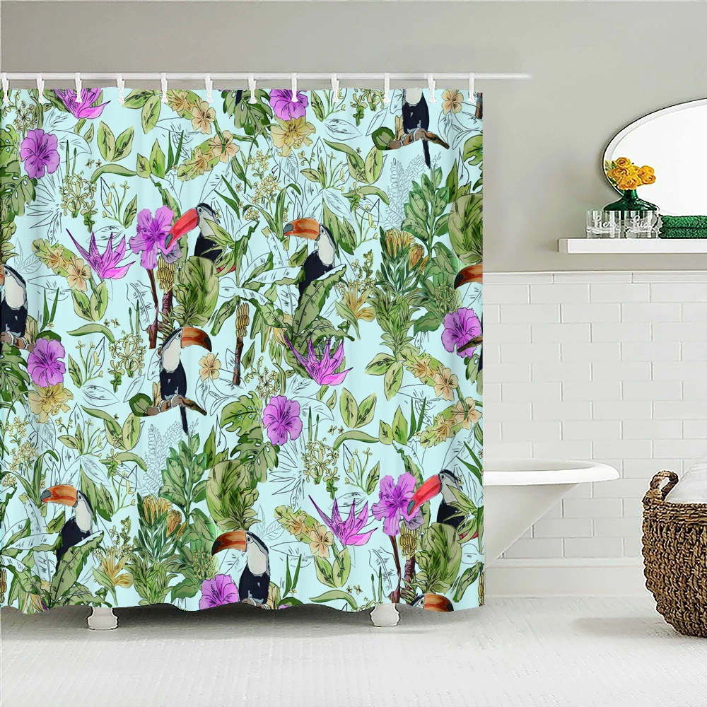 

Tropical Plants Palm Trees Leaves Shower Curtains Flower Bird Animal Printing Bath Curtain Waterproof Bathroom Decor With Hooks