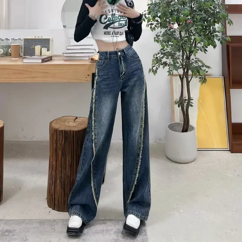 Woman Jeans Vintage Washing Raw Edge Trouser Y2k Summer Clothes Korean Style High Waist Baggy Straight Do Old Pants Denim Casual