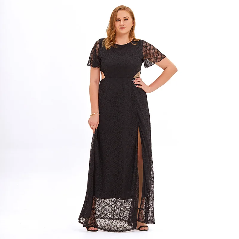 

Products In Spring and Summer of In Europe and America Plus Size Sexy Hollow Fat MM Slim Lace Short-sleeved Dress Long Skirt.