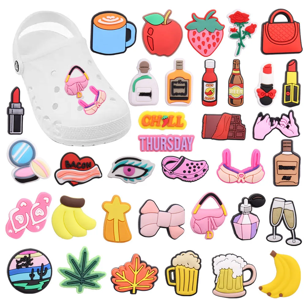 

Wholesale 50pcs PVC Shoe Charms Apple Beer Maple Leaf Rose Lipstick Accessories Shoe Buckles Fit Croc Jibz Kids X-mas Gift