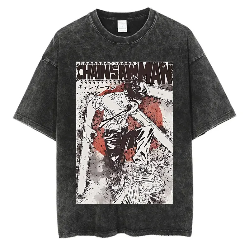 Chainsaw Man Vintage Washed T-Shirt – Harajuku Anime Streetwear Tee