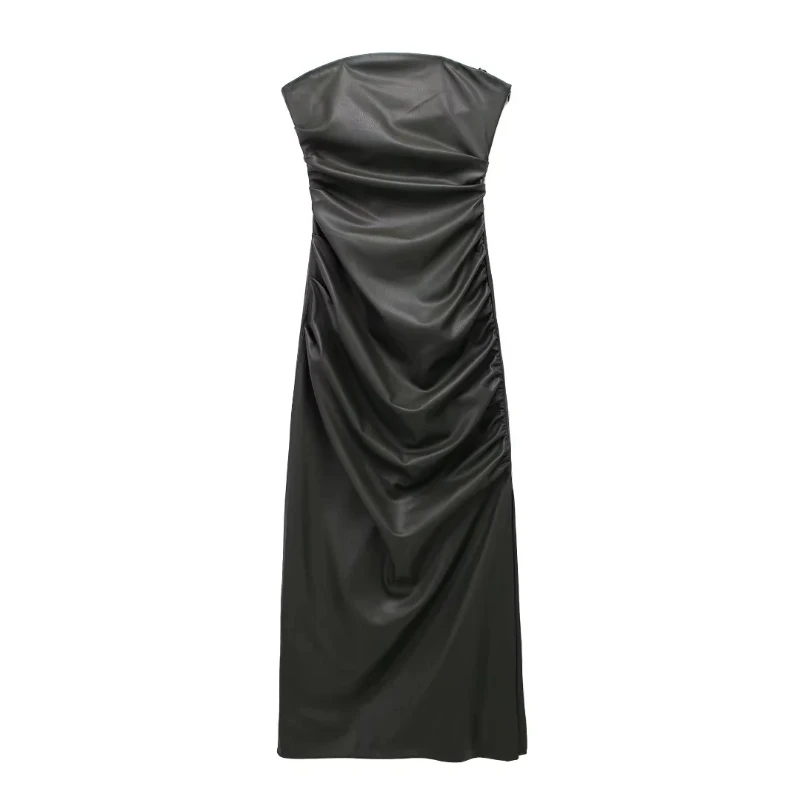 

Autumn New Sexy Hot Girl Pleated Sleeveless Imitation Leather Tube top Dress, Waist Slimming PU Leather Long Skirt