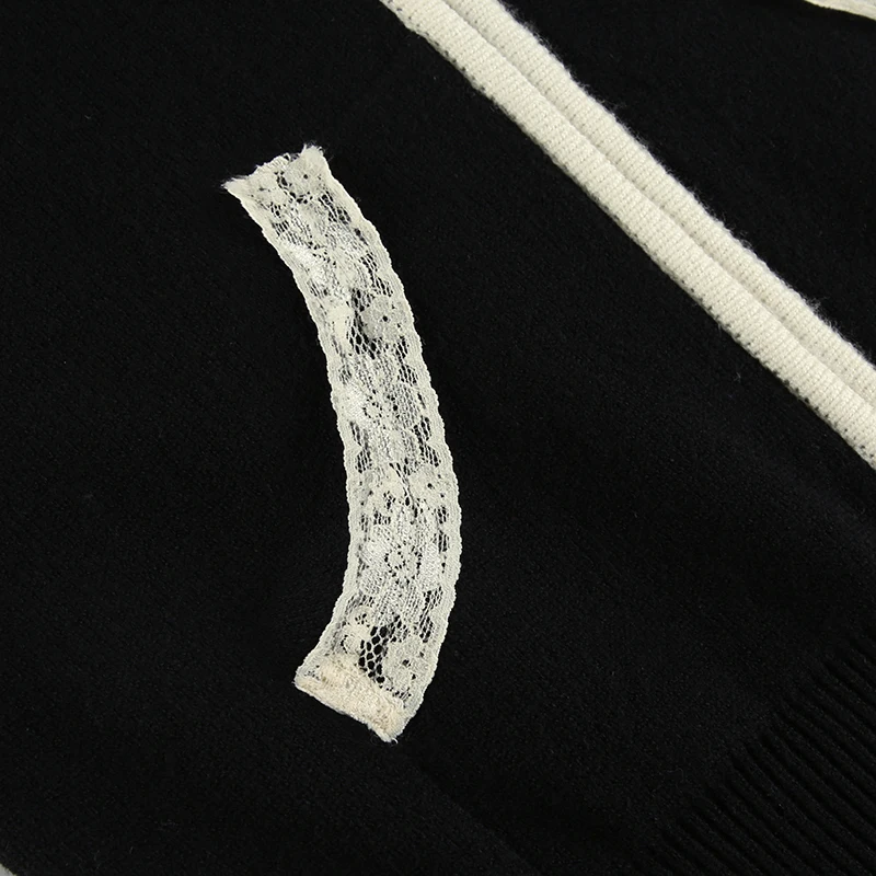 Fashion Y2K Women Zip Up Sweater with Hooded Slightly Thick Autumn Winter Lace Trim Pocket Knit Coat Slim Contrast