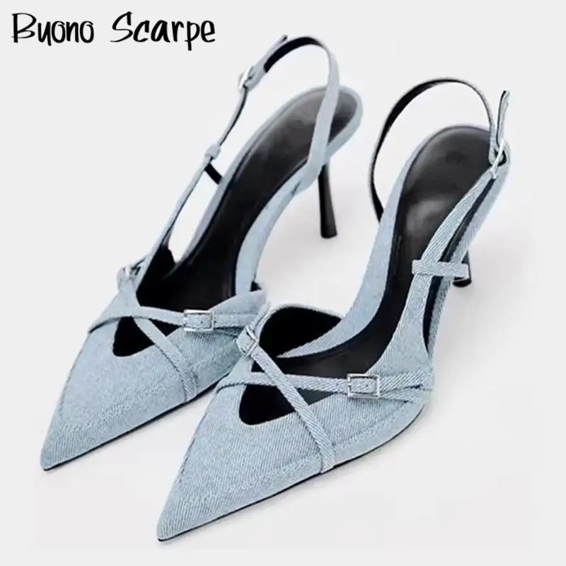 Luxury Brand Designer Women Sandals Pointed Toe Thin High Heel Buckle Strap Denim Mules Sexy Party Single Shoes Female All Match