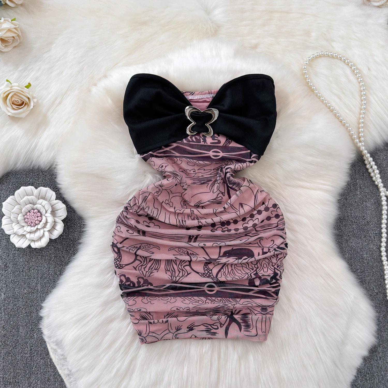 

Sexy Strapless Dresses Women 2024 Exposed Shoulders Printing Wrapped Dress Skinny Sleeveless Vestidos Female Summer Dropshipping