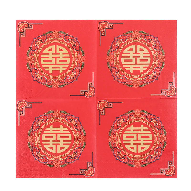 20pcs/pac 2-Pl Chinese Red Double Happiness Napkins Printed Tissue Paper Wedding Wine Glasses Flower Arrangement