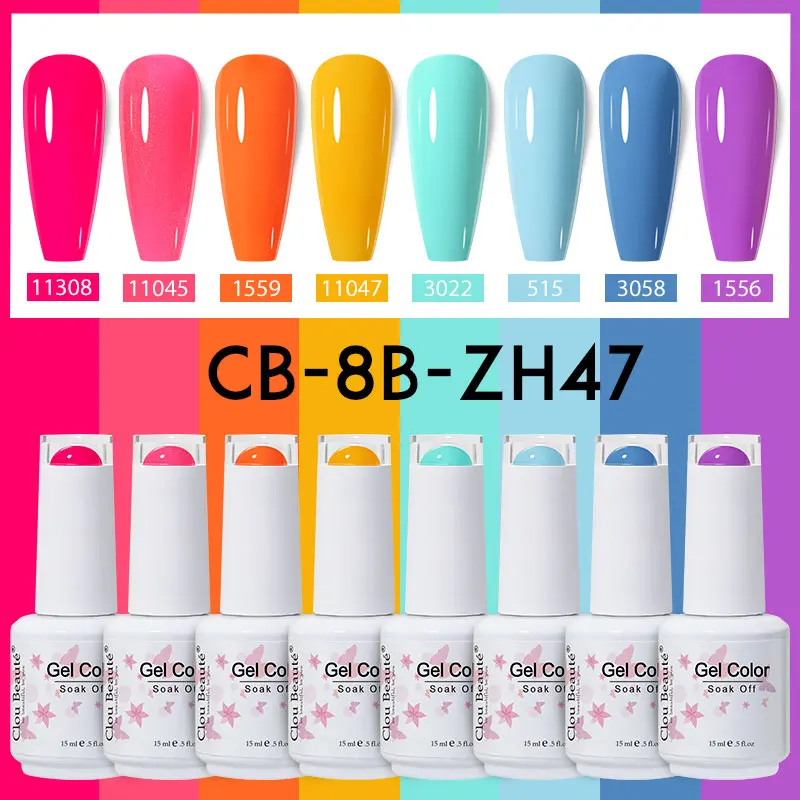Cloubeute 밝은 네온 컬러 젤 네일 광택제 세트, 전문 네일 살롱 소녀 선물용 UV 램프 아래 건조, 15ml, 8 개 세트, 여름