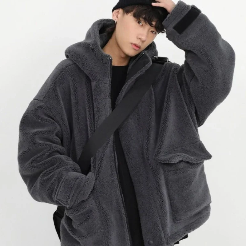 

Gmiixder зимнее 2022 искусственное меховое пальто оверсайз кашемировое Мужское пальто на молнии темно-серое пальто унисекс хип-хоп с капюшоном плюшевая мягкая куртка