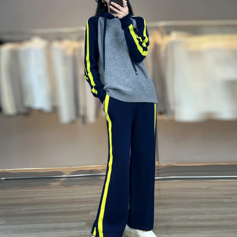 Autumn And Winter New Women's Splicing Casual Fashion Sportswear 100 Wool Knitting Hooded Pullover Coat Two-Piece Wide Leg Pants 100% pure wool cashmere sweater men s v neck knitting pullover sweater autumn and winter new bottoming shirt men s shirt