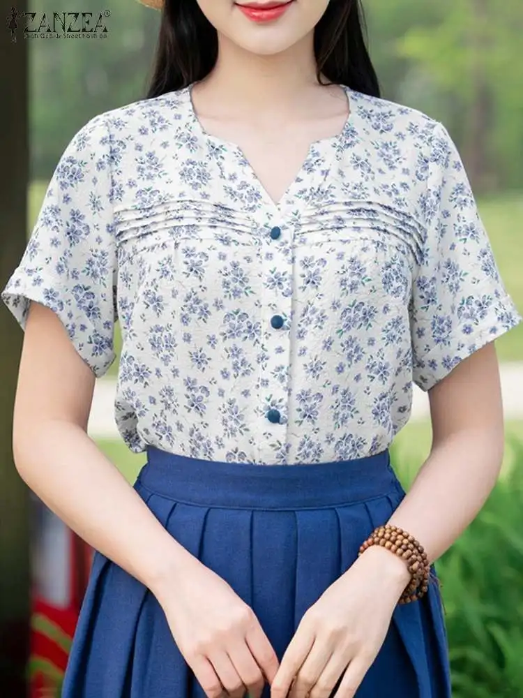 

Женские летние блузки ZANZEA 2024, винтажные рубашки с цветочным принтом, богемная туника с коротким рукавом и V-образным вырезом на пуговицах