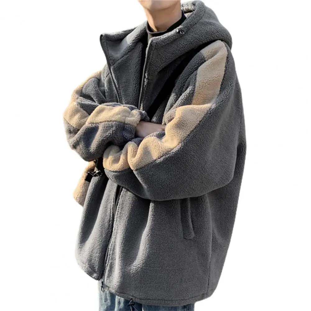 

Hooded Men Jacket Winter Men's Hooded Jacket with Faux Sherpa Lining Drawstring Hem Zipper Pocket Thick Warm Coat for Students