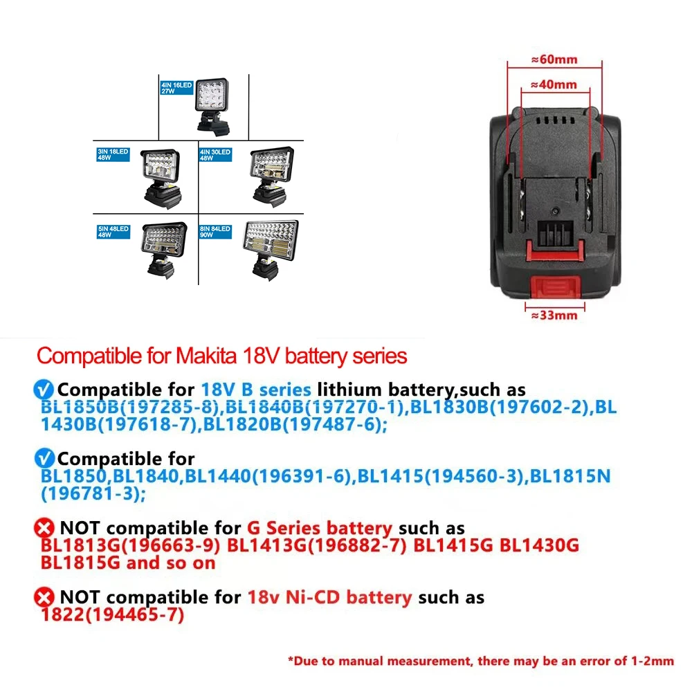 Portable Spotlight Camping Lamp 3/4/5/8Inch Led Light Portable Spotlights Cordless Outdoor Working Fishing Handheld Emergency Tools Light Fit Makita 18V Battery
