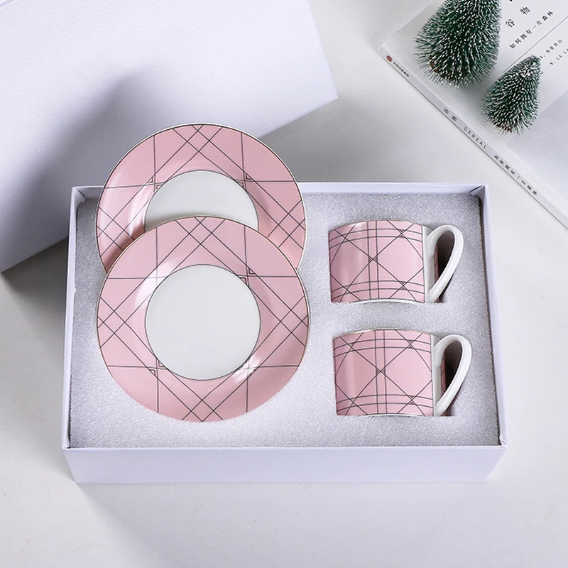 

2 Sets Elegant Bone China Coffee Tea Sets Geometric Pattern Cups and Saucers Europe Style Coffee Couple Cups Teacup Table Decor.