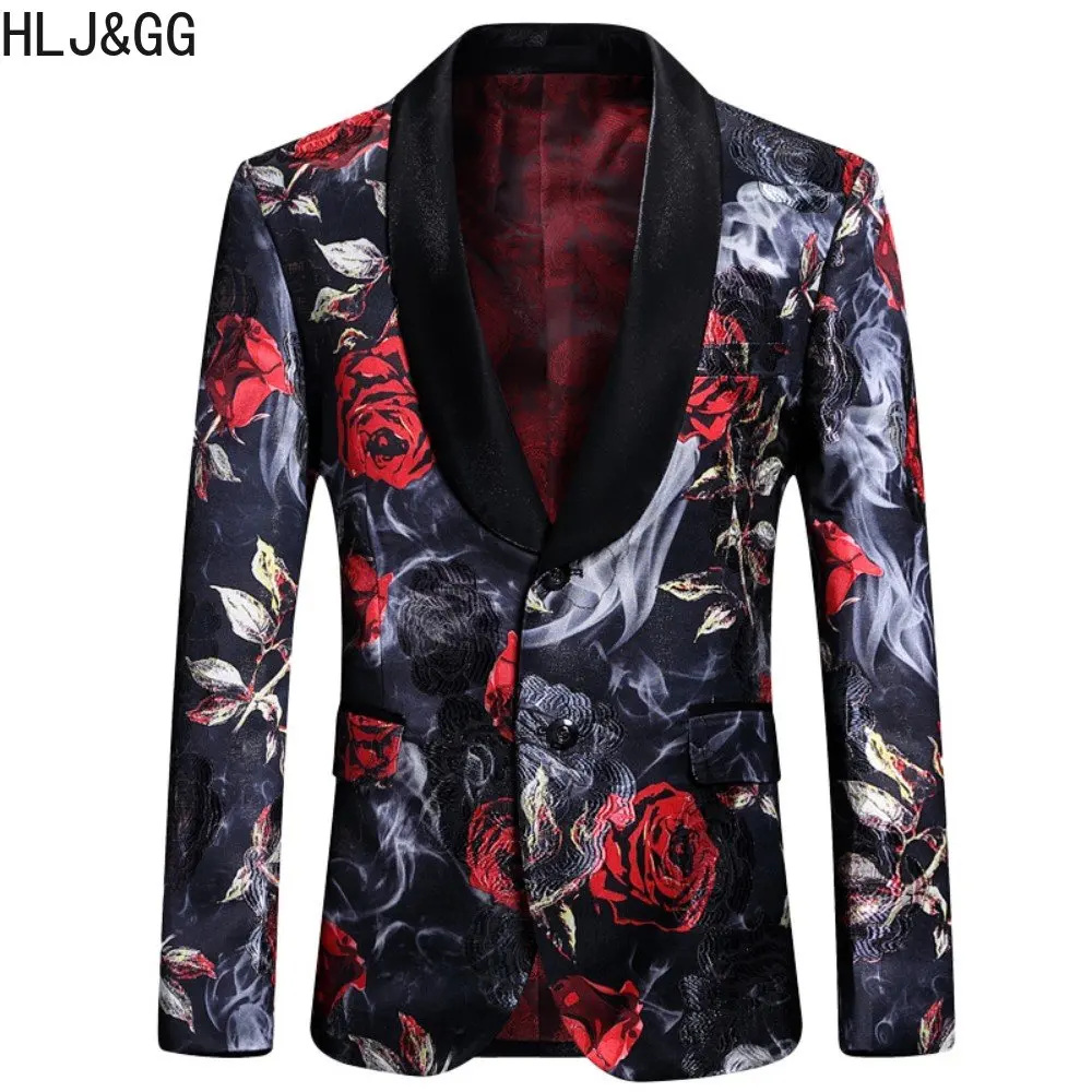 HLJ&GG High Quality Jacquard Blazer for Men Fashion Slim Fit Shawl Collar Tuxedo Blazers Wedding Party Men Suit for Man 2023 New