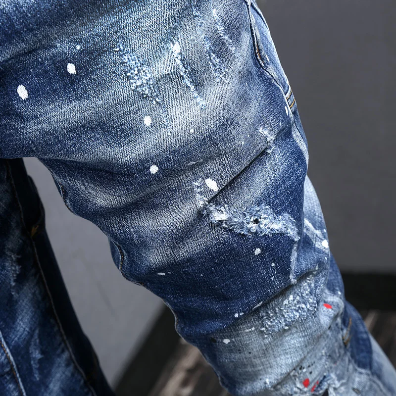 Streetwear Fashion Men Jeans Retro Blue Elastic Slim Fit Spliced Designer Biker Jeans Men Trousers Hip Hop Painted Denim Pants