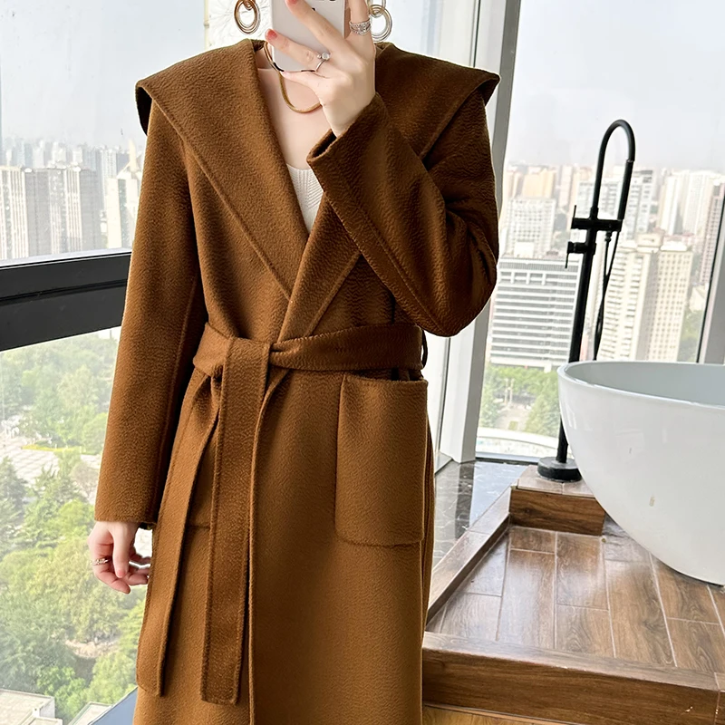 100% Wool Women's High-end Thickened Woolen Coat Coat With Belt Solid Color Long Sleeve Outerwear Ladies With a hat Overcoat