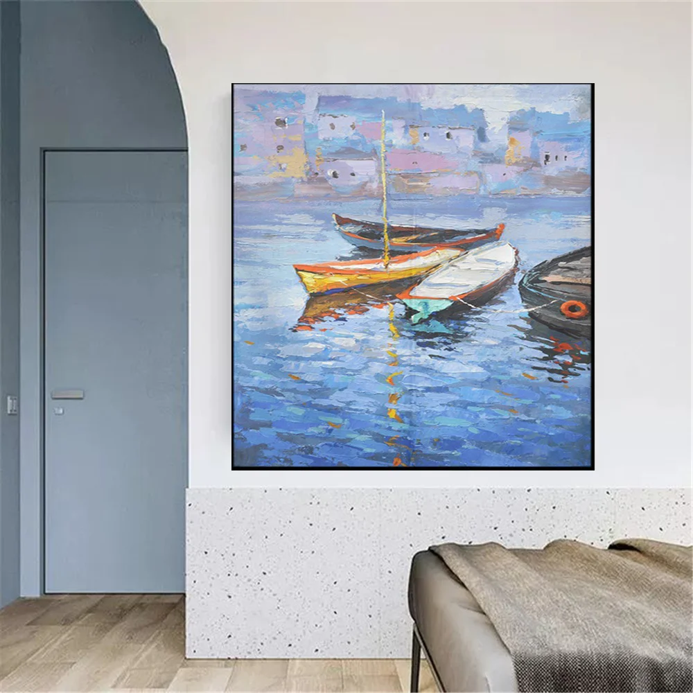 

Pure Hand-Painted Vintage Ship Oil Painting Canvas Seascape Sunset Modern-Vintage Abstract Wall Art Life Living Room Home Porch