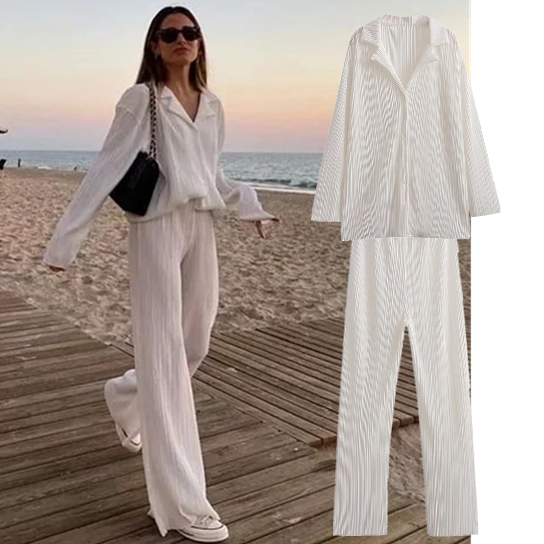 

Jenny&Dave French Ins Fashion Blogger White Color Fashion Blouse And Harem Casual Vintage Texture Pants Women Sets