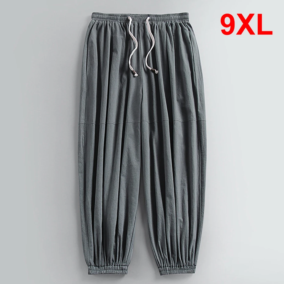 Men Linen Baggy Jogger Pants Plus Size 9XL Summer Ankle-length Solid Color Bottom