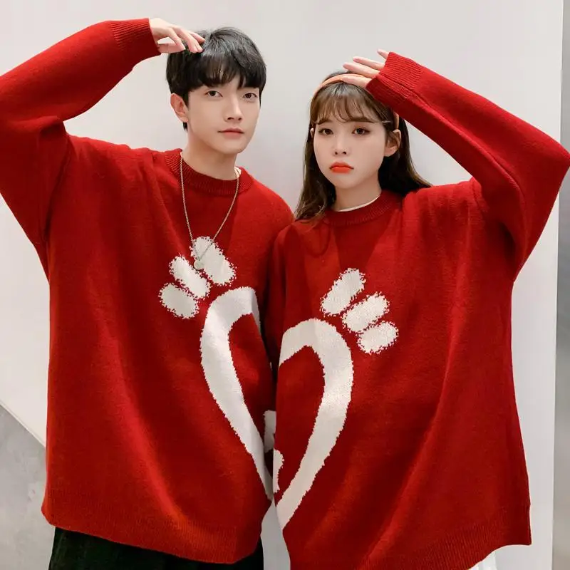 New Couple Christmas Sweater Men and Women Round Neck Thicken Autumn and Winter New Year Pullover Red Love Knitted Sweater Men