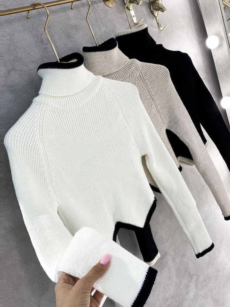 Chunky Cropped White Turtleneck Sweater Knitted Sweater