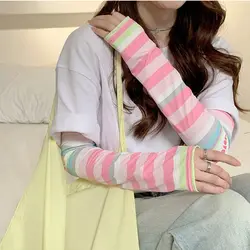 Rainbow Stripe Sunscreen Ice Silk Sleeves Girl Energetic Youthful Summer Accessories Outdoor Sports Cycling Anti-Uv Arm Sleeve