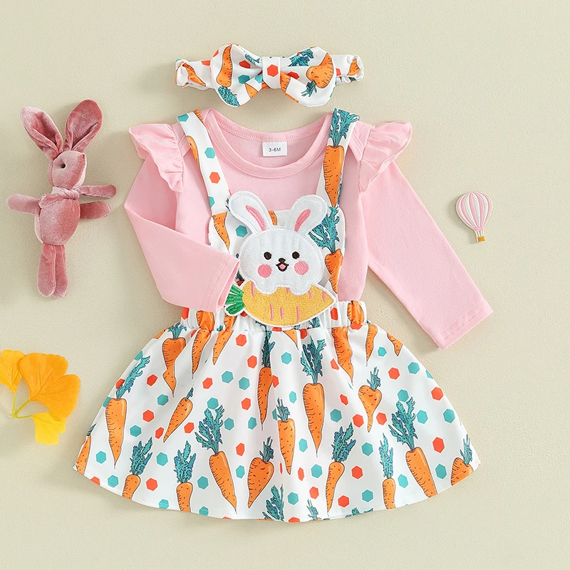 

Baby Girl Easter 3Pcs Outfit Long Sleeve Romper with Carrot Print Bunny Embroidery Overall Dress and Bow Headband
