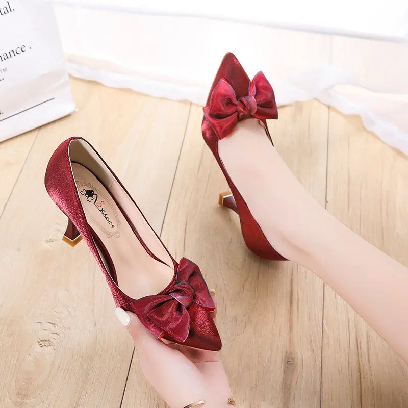 Silk Pointed Heel Shoes Bowknot Wedding Dresses for Women Elegant Black Wine Red Gold Shoe Woman Girls Pumps |