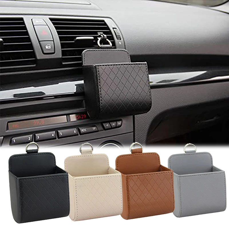 Car Storage Bag Air Vent Dashboard Hanging PU Leather Organizer Box Glasses Phone Holder car phone holder car storage gadget