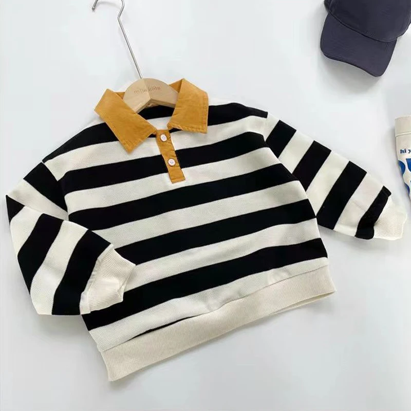 

New Boys Striped Sweatshirts Fashion Panelled Turn Down Collar Long Sleeve Tops 2022 Spring Autumn Leisure Children's Clothes