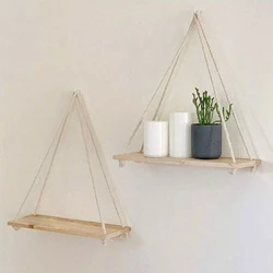 Hanging Wooden Rope Shelf for Home Decor and Storage (Beige)